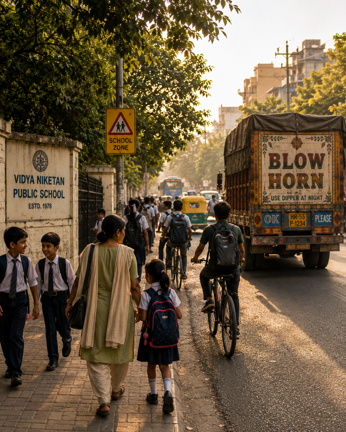 Children walking beside a truck on an Indian street.