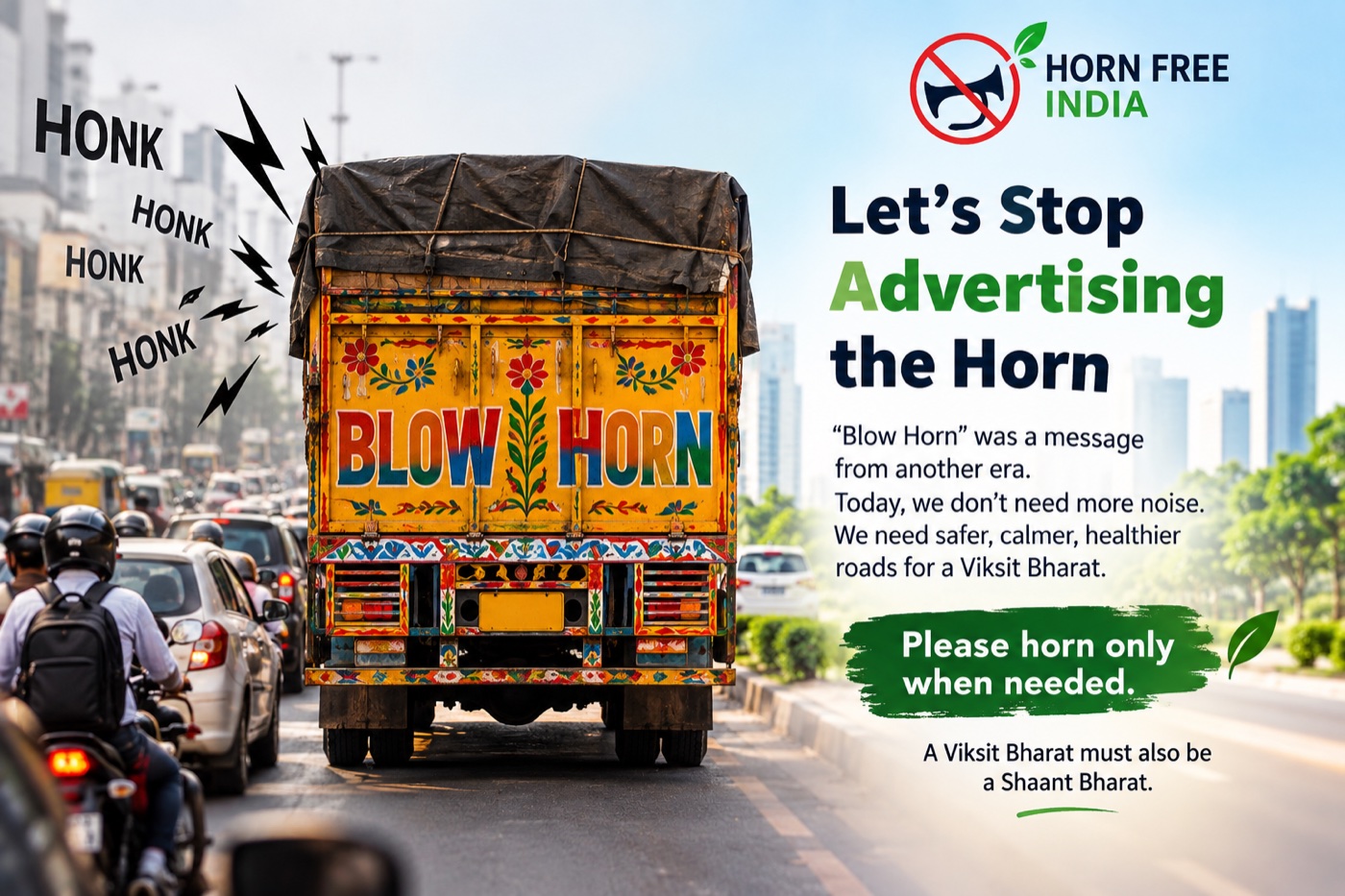 A commercial truck carrying Blow Horn signage in busy city traffic.