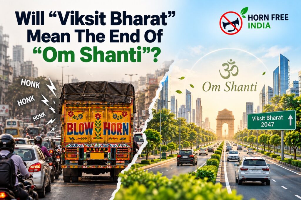 A noisy Blow Horn truck scene contrasted with a peaceful Viksit Bharat road.