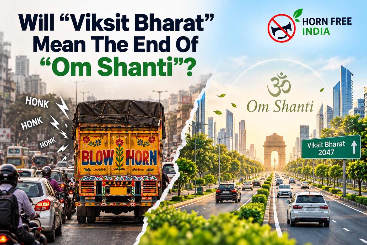 A noisy Blow Horn truck scene contrasted with a peaceful Viksit Bharat road.